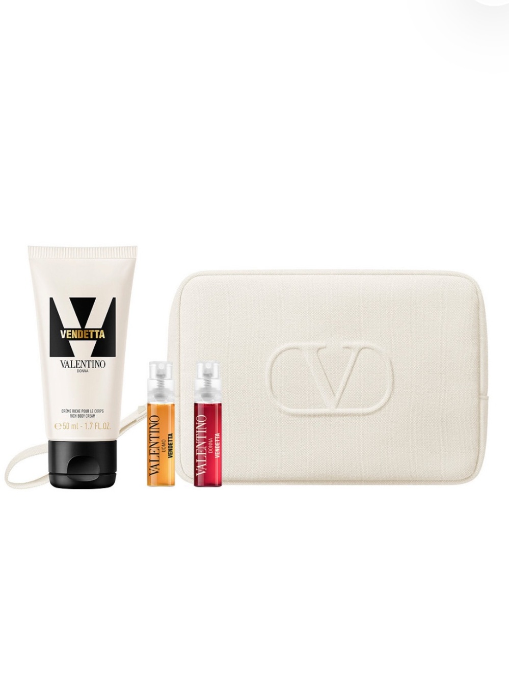 Valentino Vendetta Donna Uomo Gift Set Body Cream Mini Sprays Cosmetic Bag